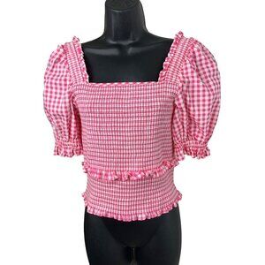 CeCe top pink white gingham med smocked square neck